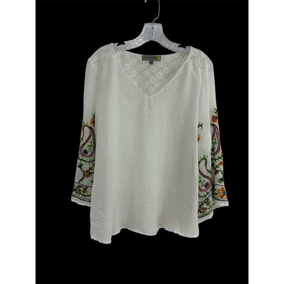 figueroa & flower Tops - Figueroa & Flower Women Embroidered Floral Boho Top Size L White Lace Semi Sheer